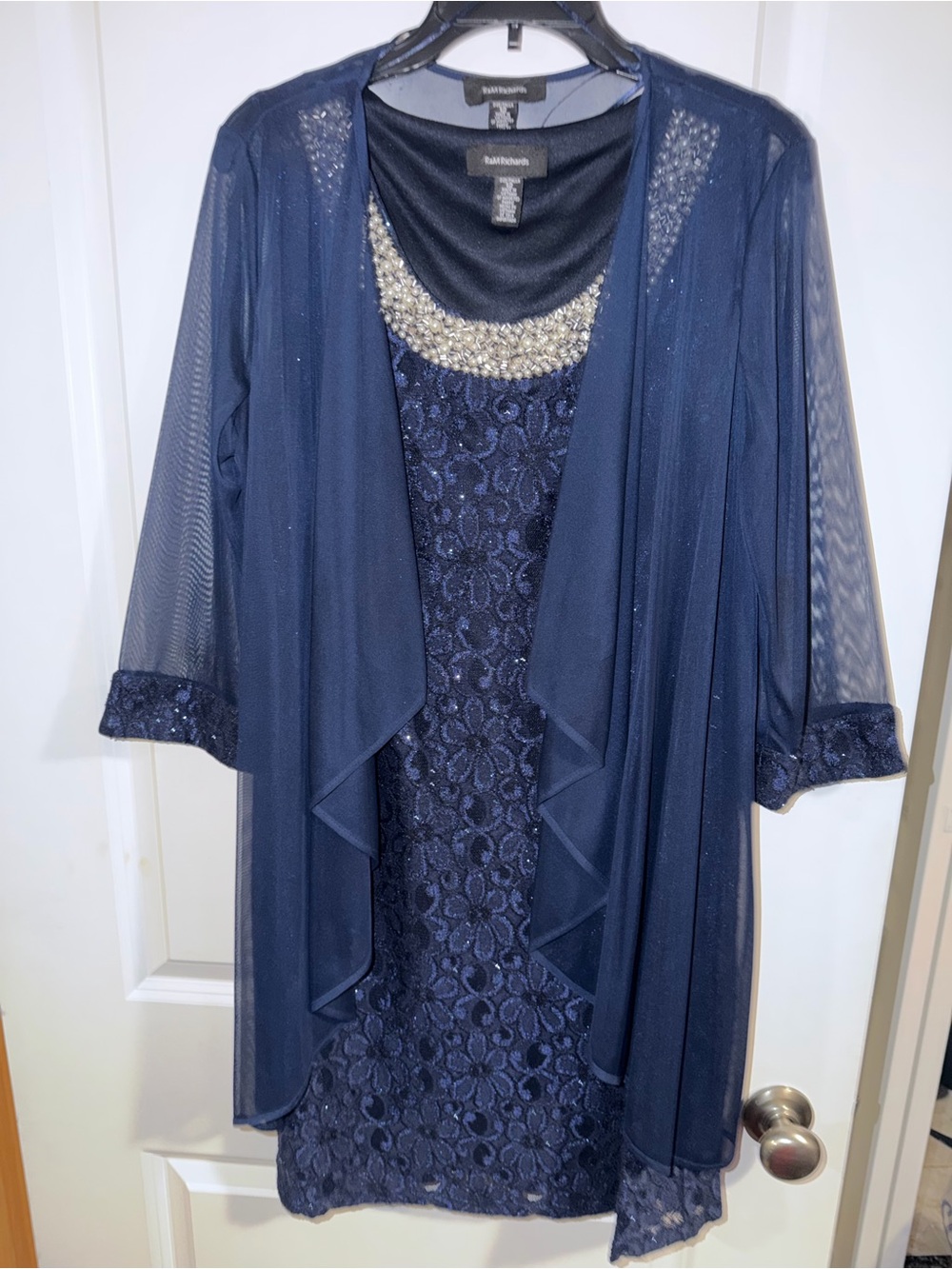 R&M Richards Navy Midi Lace Dress with Beaded Neckline